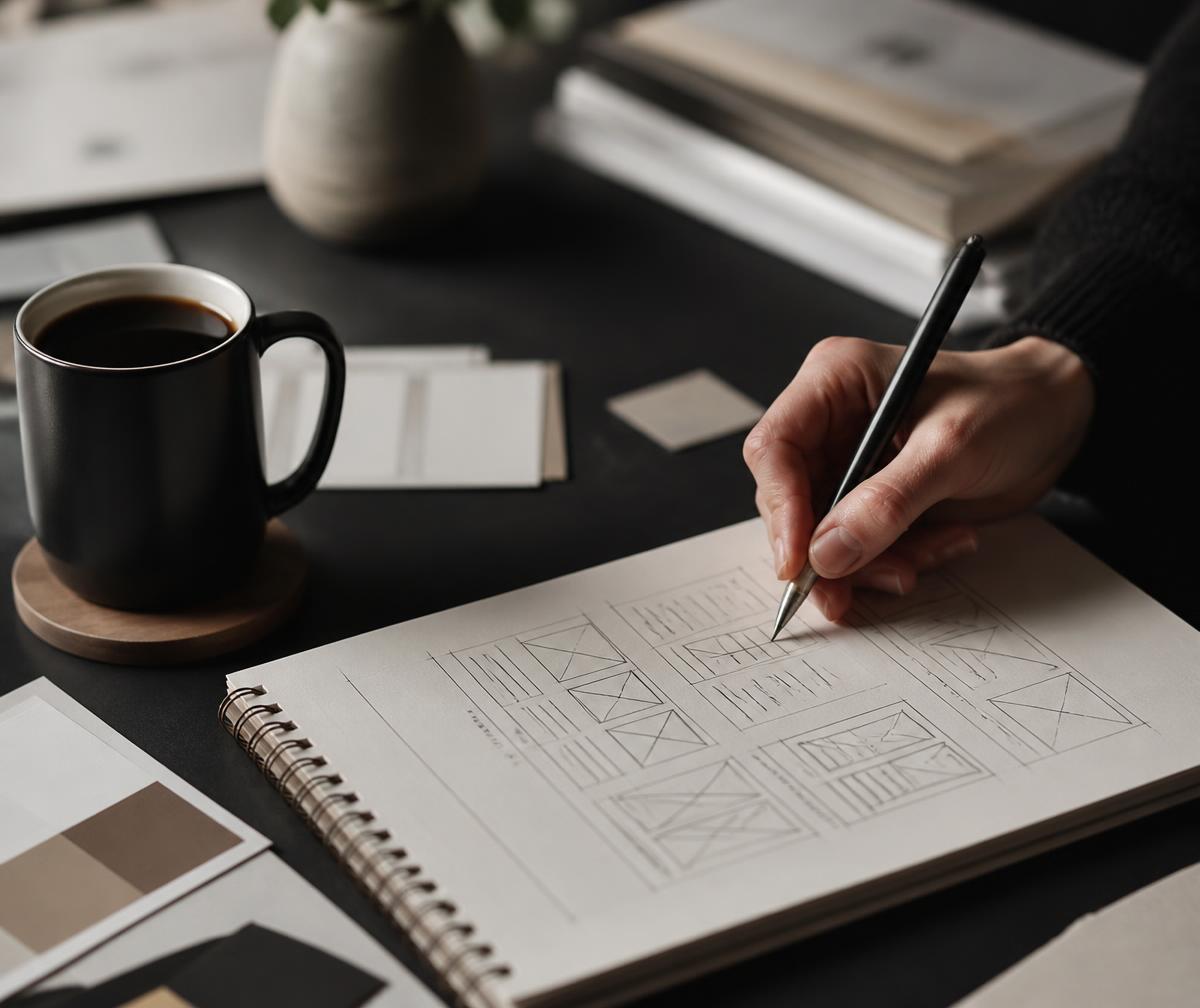 Mão desenhando um esboço de layout em um caderno sobre a mesa de estúdio