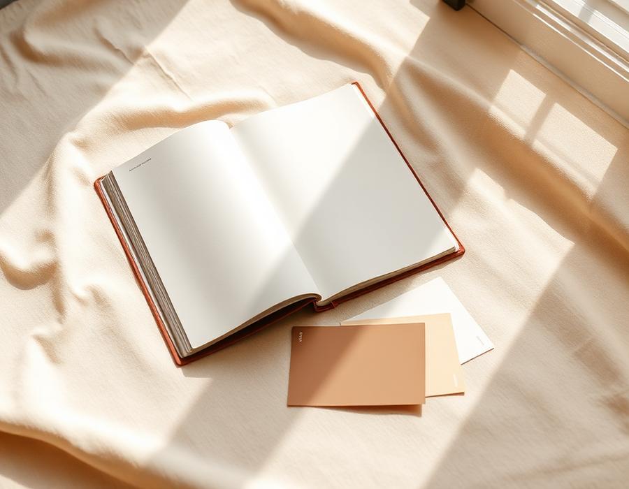 Caderno aberto ao lado de cartelas de cores neutras sob luz natural